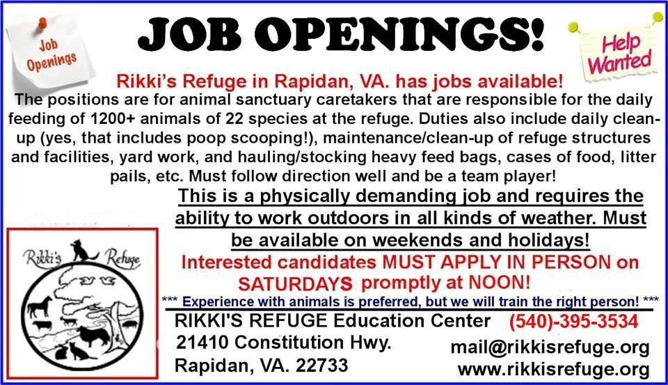 Rikki's Refuge has job openings! | Rikki's Refuge Animal Sanctuary